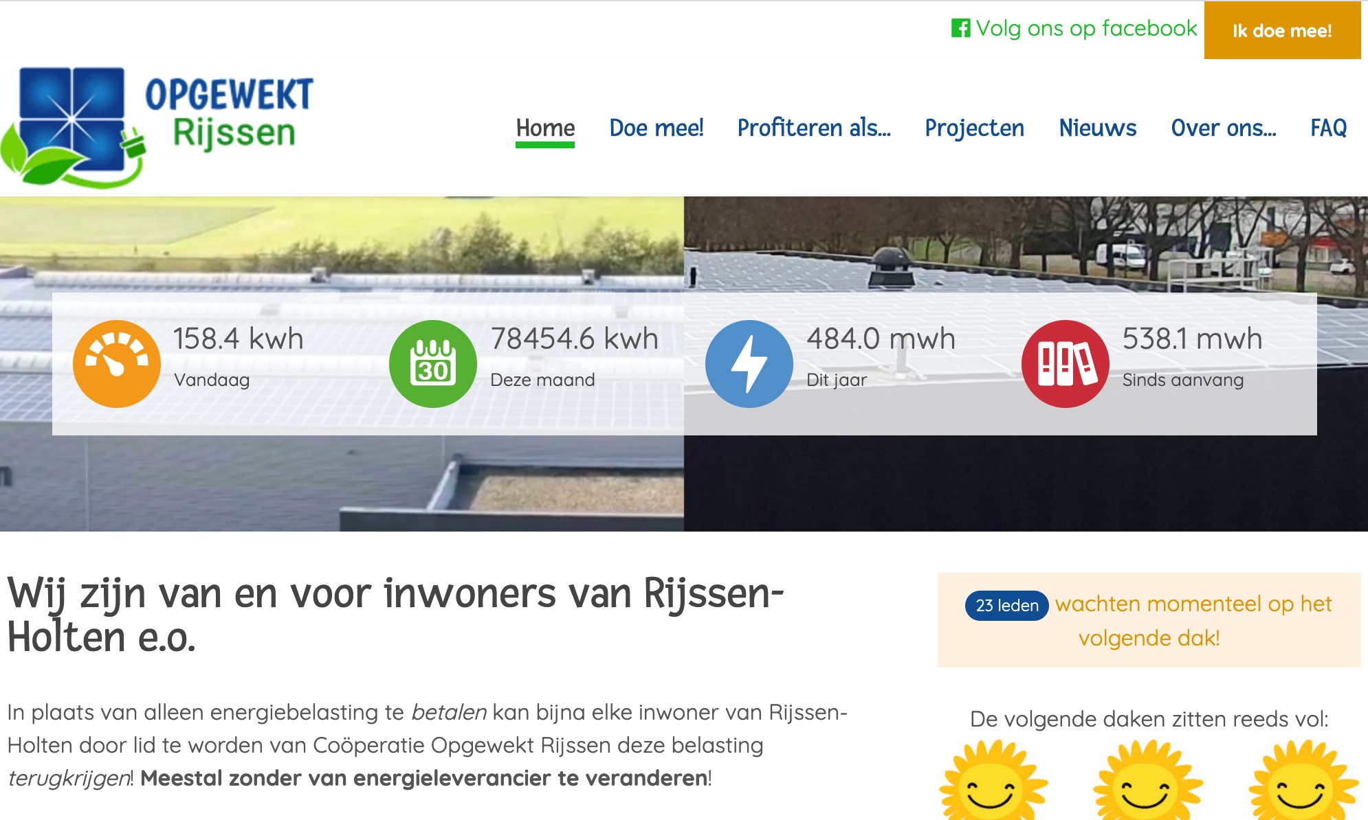 Opgewekt Rijssen homepagina met solardata widget